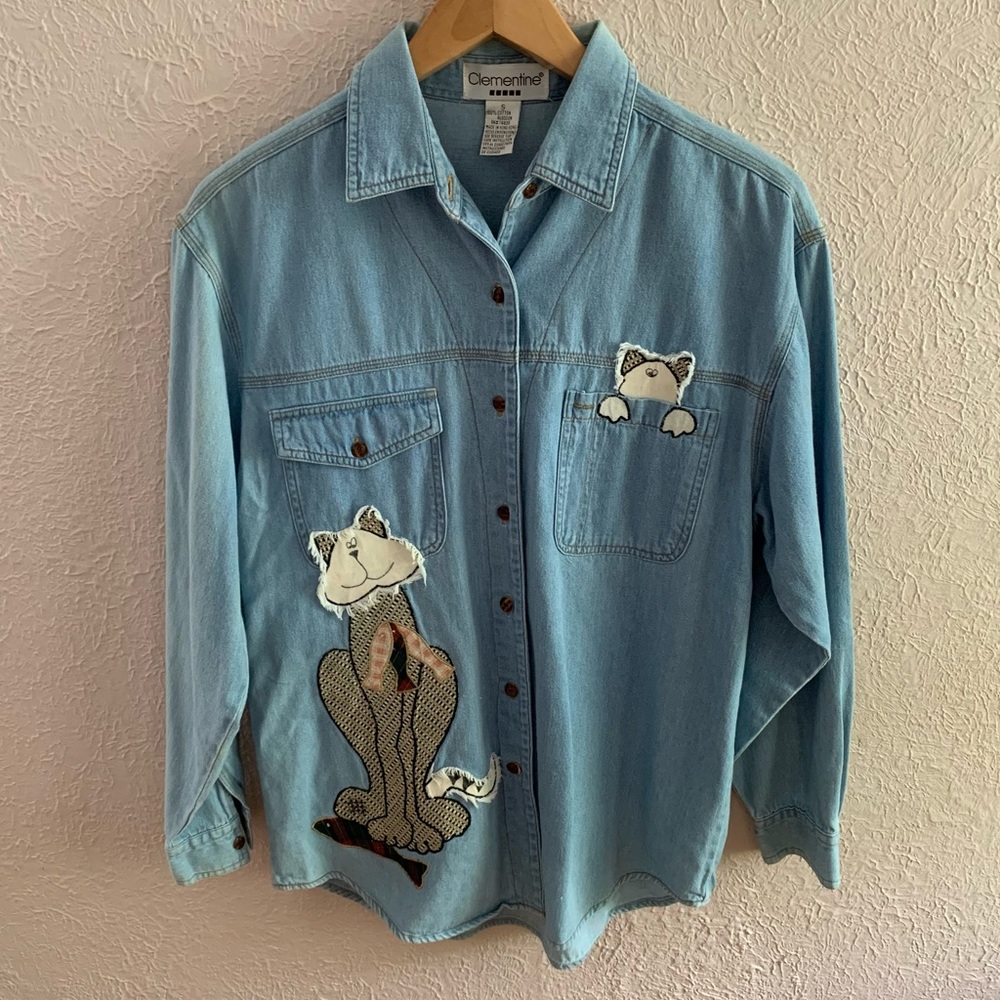 Vintage chambray button up with Cats appliqué